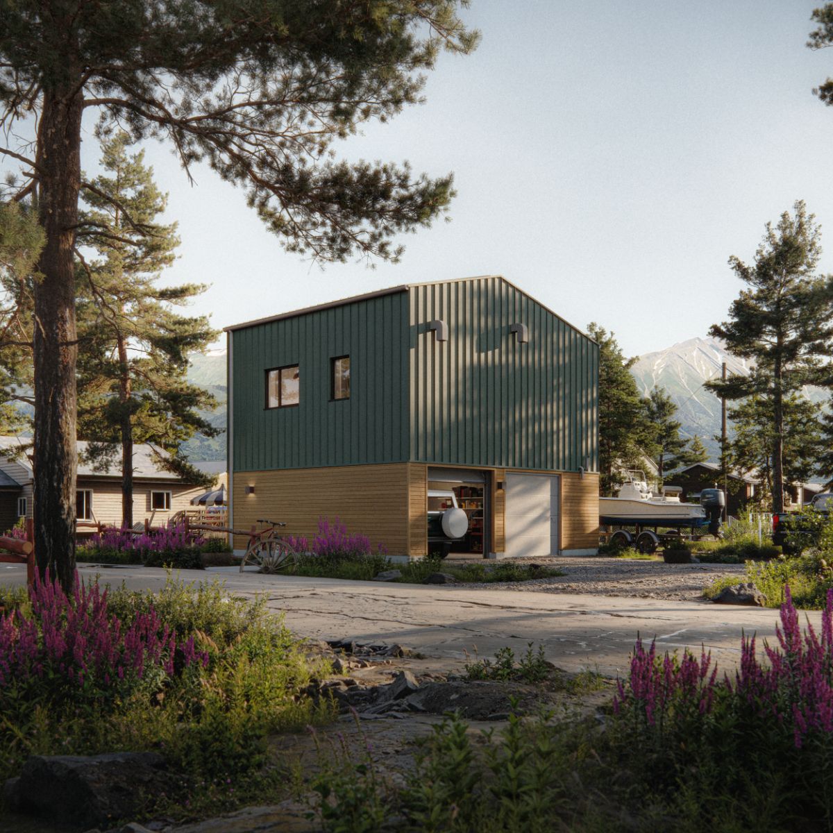 A 3D rendering of a two‑storey ADU with a green metal siding on the upper level and wooden siding on the lower level. The ADU is situated among tall pine trees and purple flowering plants. The lower level has a partially open garage door revealing tools and equipment inside. Snow‑capped mountains and neighboring houses are visible in the background under a clear sky.